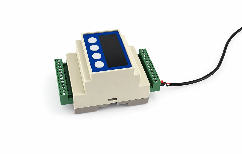 din rail load cell digital controller gray case blue face four round buttons black attached cable
