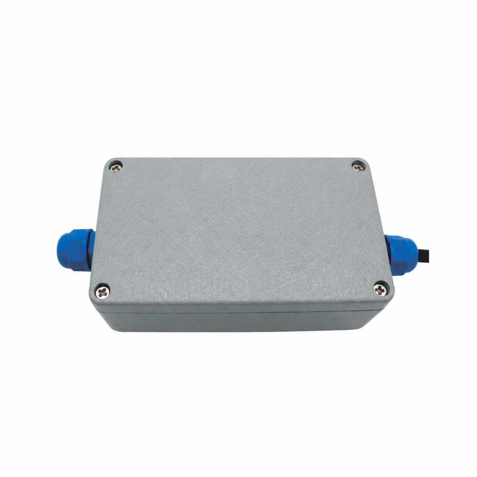 inline load cell signal transmitter gray rounded aluminum case dual blue cable glands four lid screws